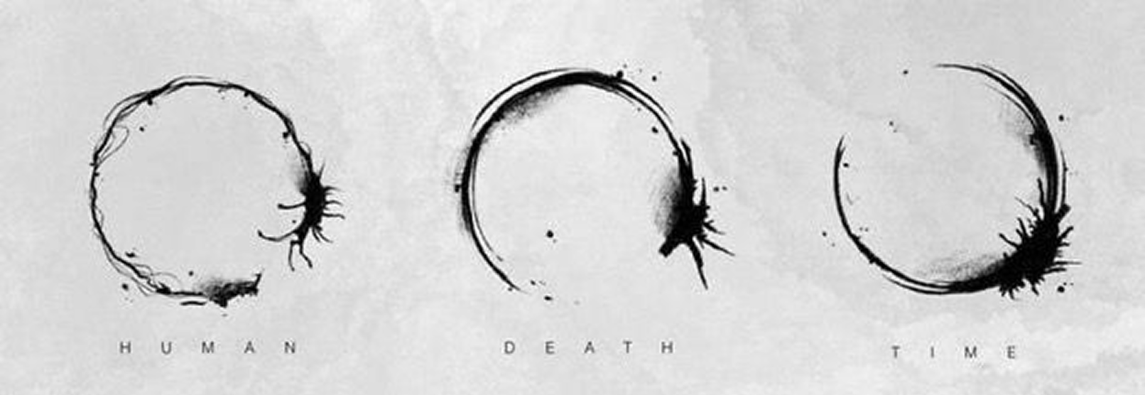 Three circular Heptapod logograms from Arrival representing human, death, and time